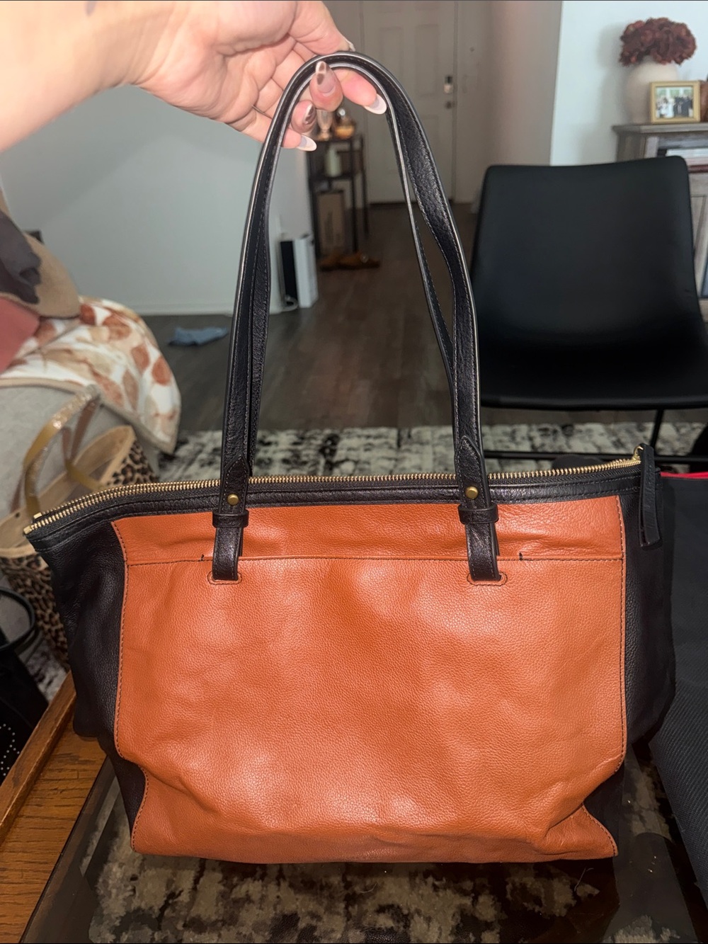 Fossil Two-Tone Leather Tote - Orange & Black